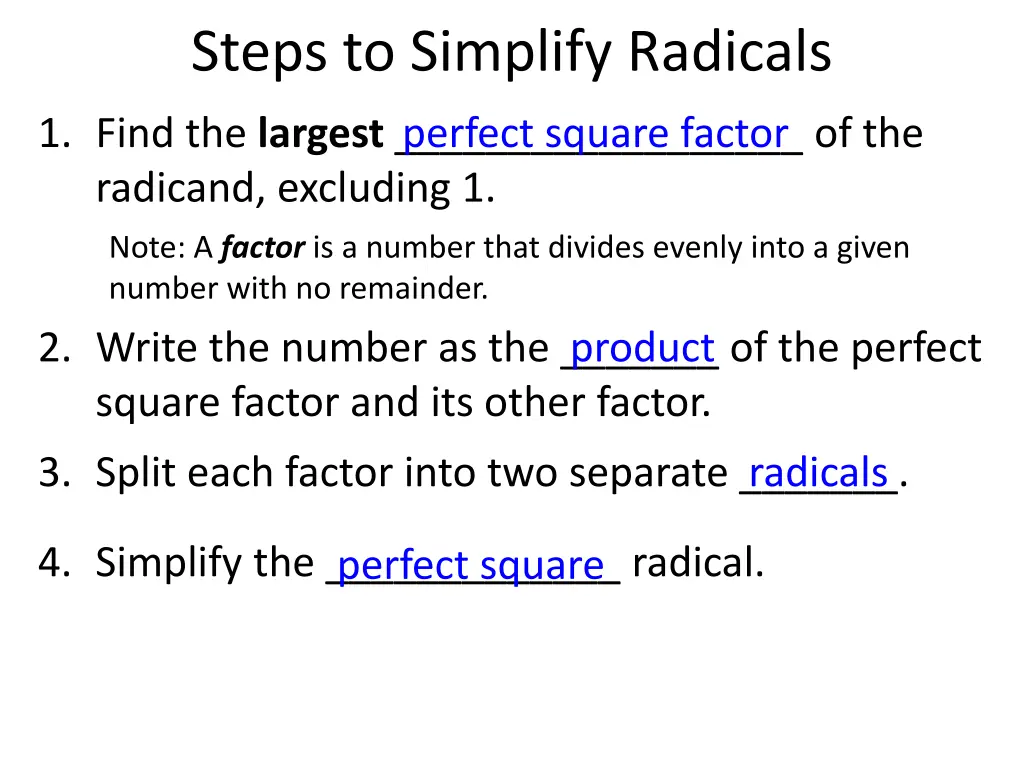 steps to simplify radicals