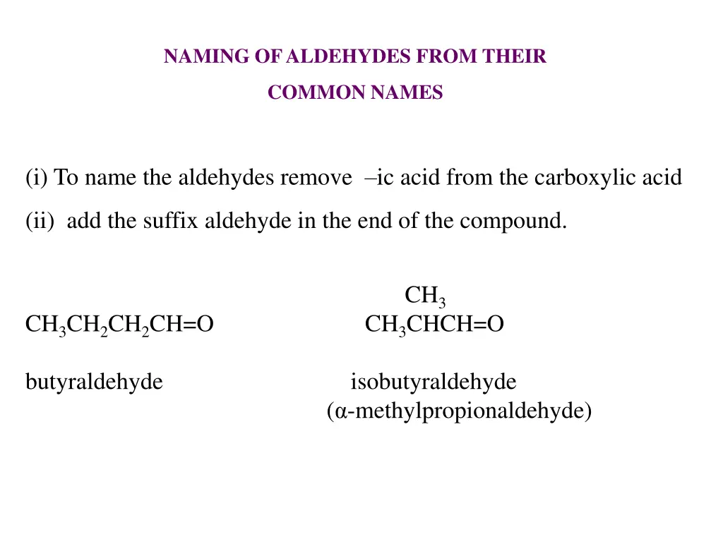 naming of aldehydes from their