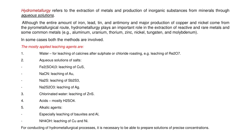 hydrometallurgy refers to the extraction