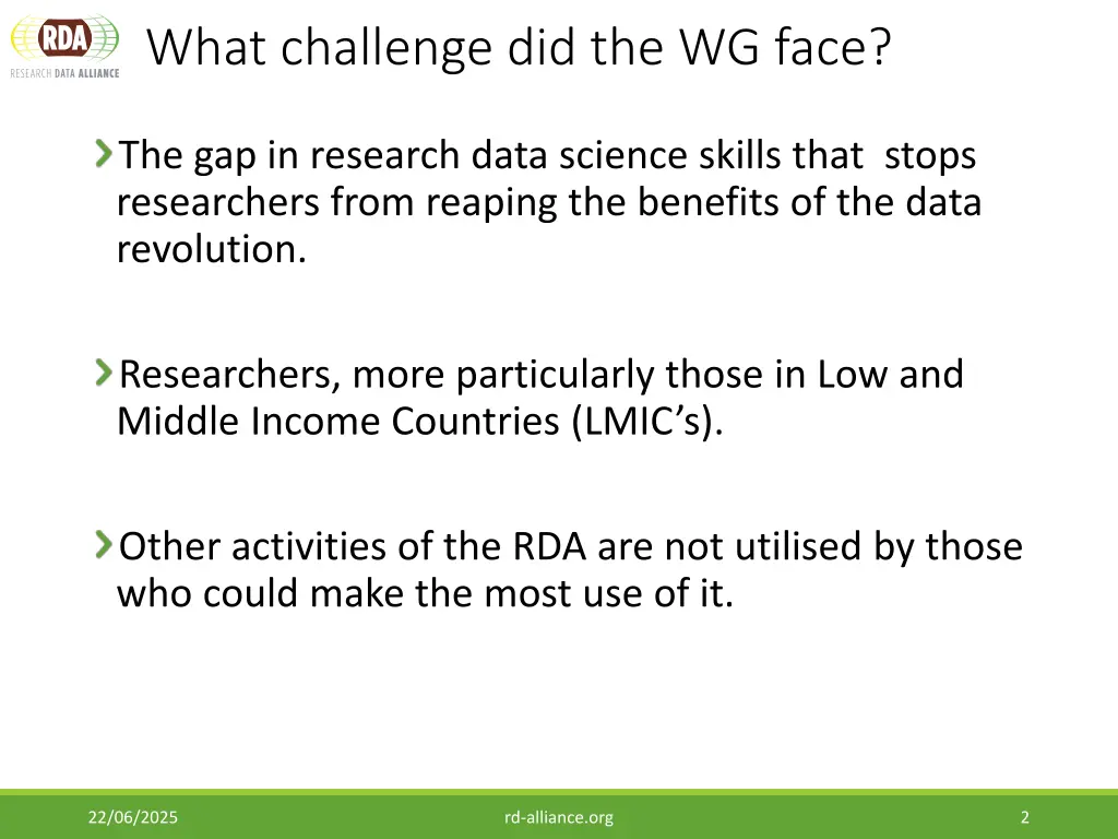 what challenge did the wg face