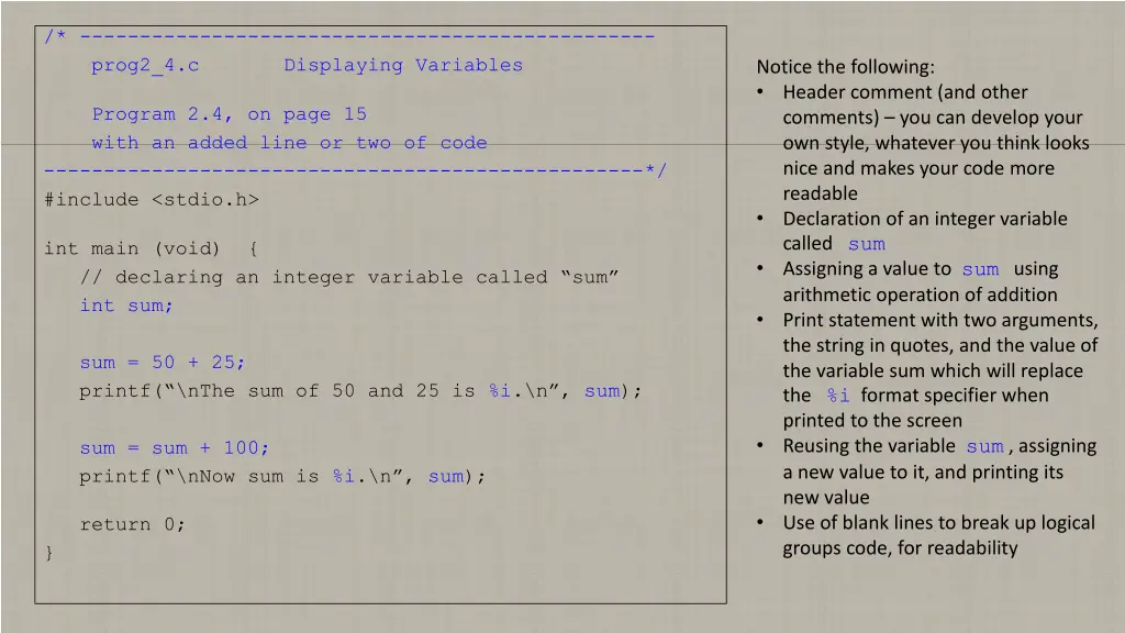 prog2 4 c displaying variables