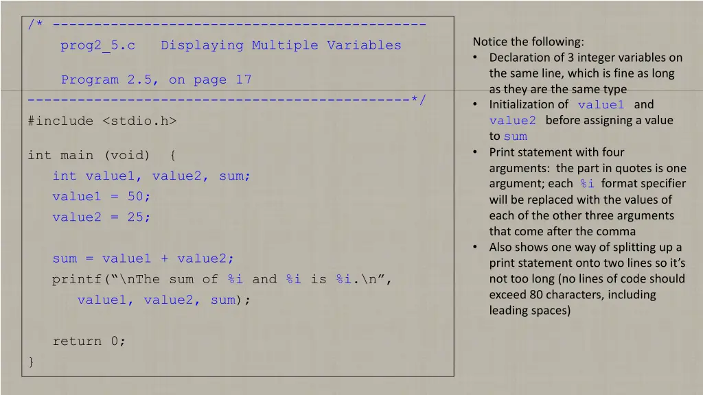 prog2 5 c displaying multiple variables