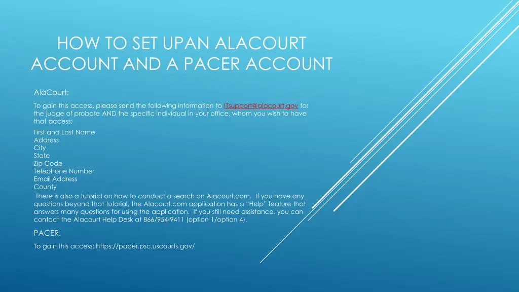 how to set upan alacourt account and a pacer
