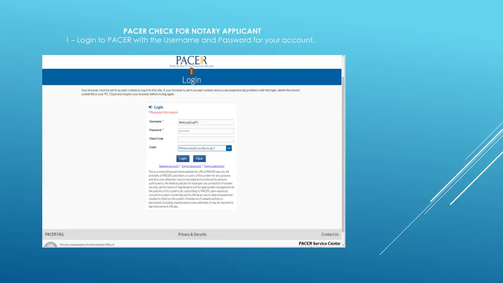 pacer check for notary applicant 1 login to pacer