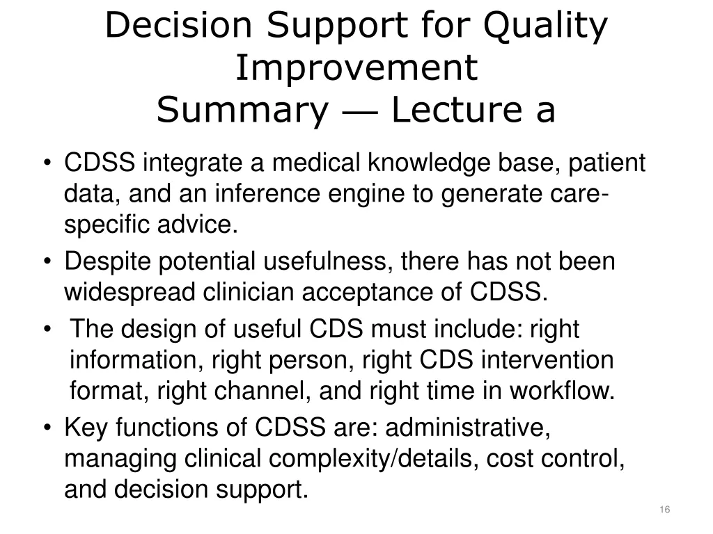 decision support for quality improvement summary