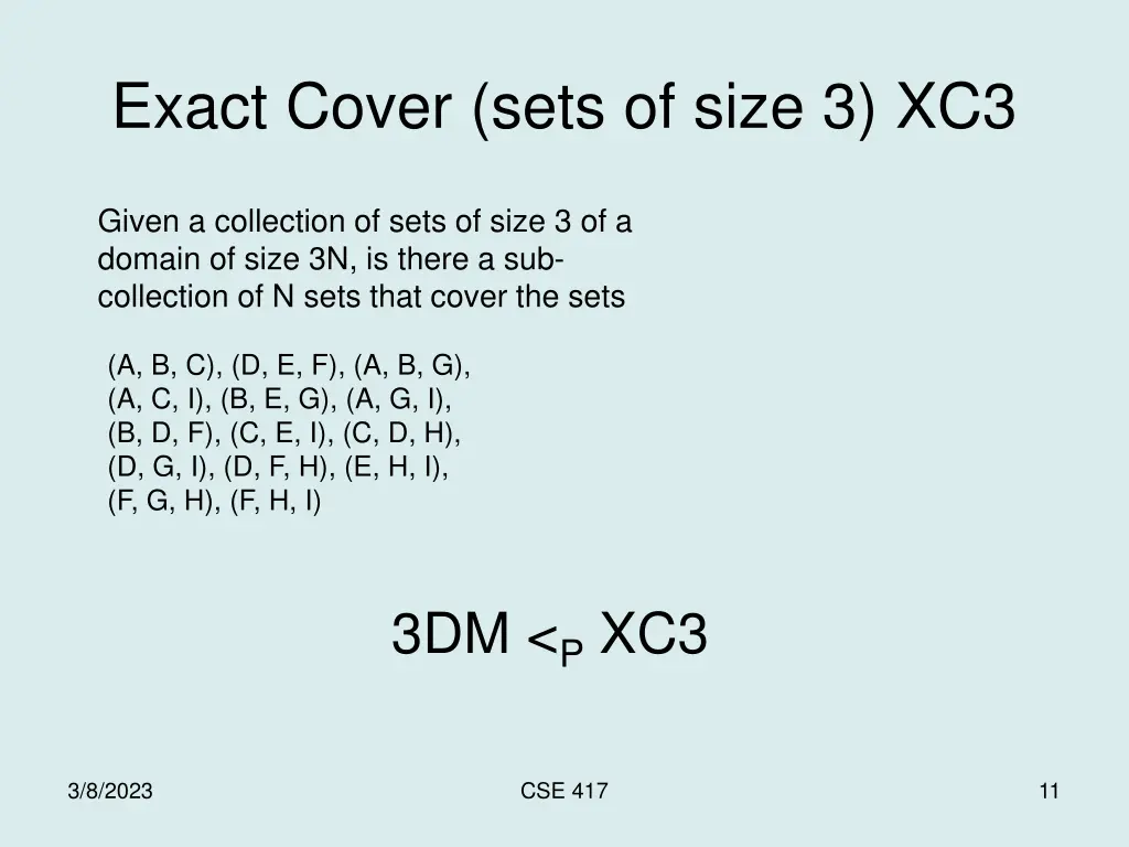 exact cover sets of size 3 xc3