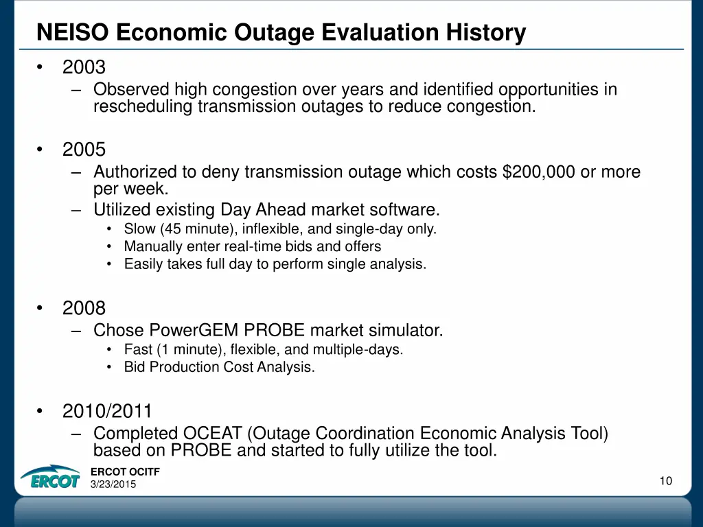 neiso economic outage evaluation history