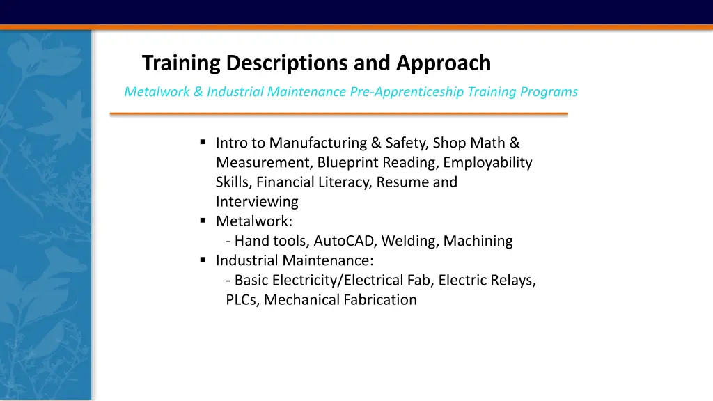 training descriptions and approach