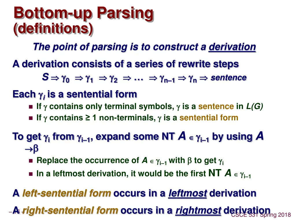 bottom up parsing definitions the point