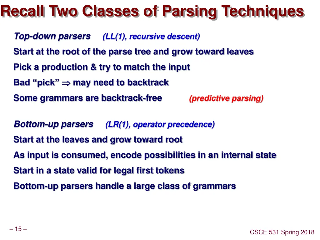recall two classes of parsing techniques