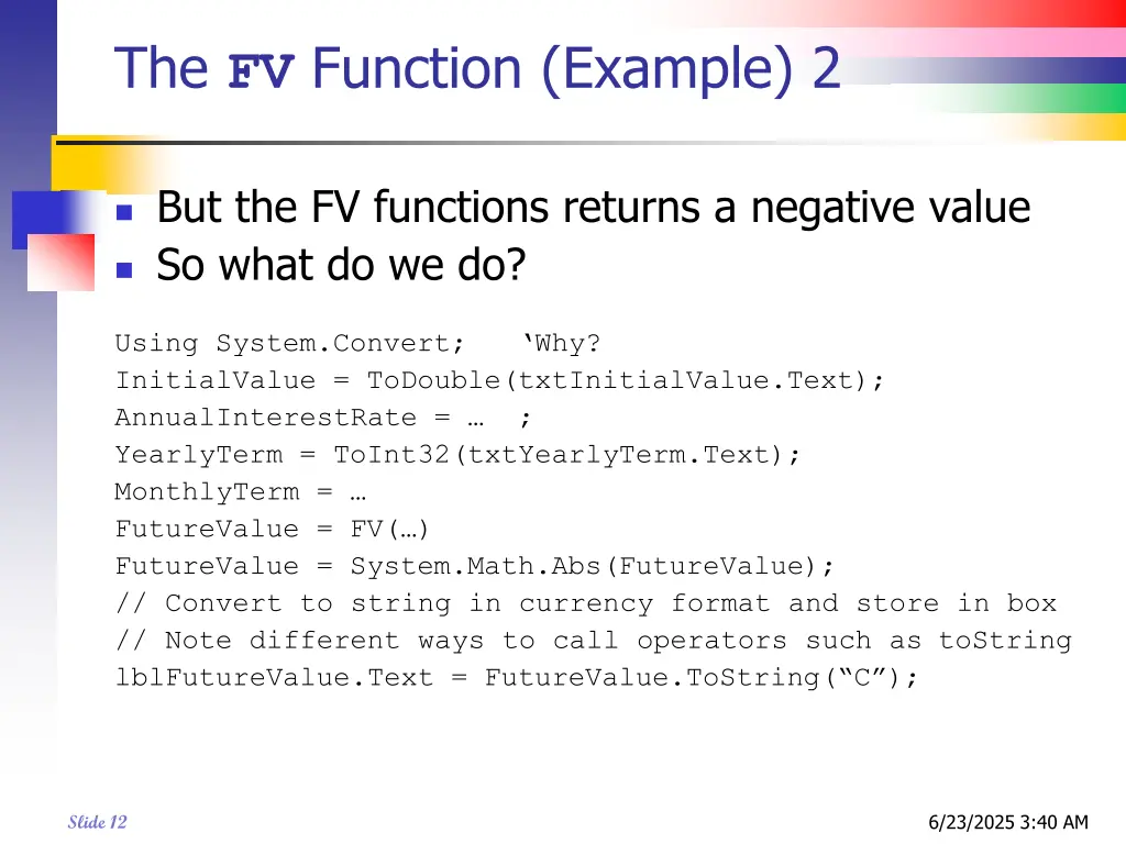 the fv function example 2