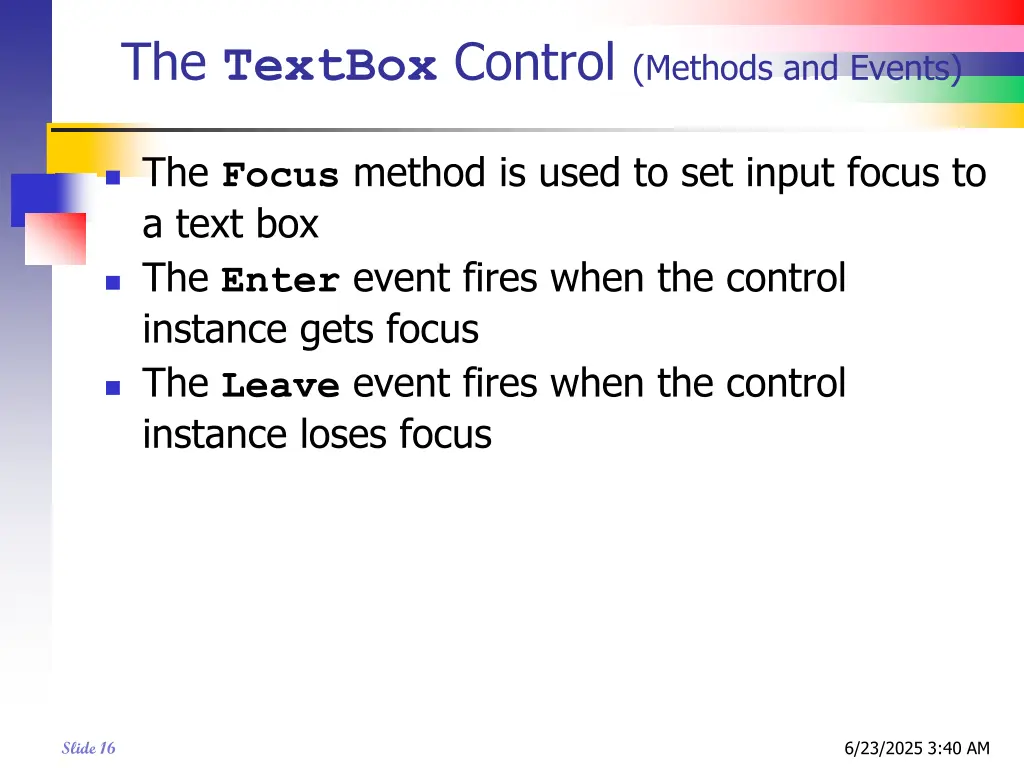 the textbox control methods and events