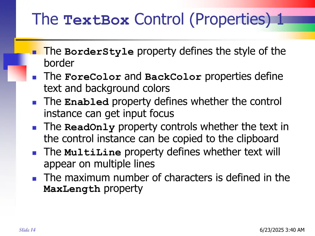 the textbox control properties 1