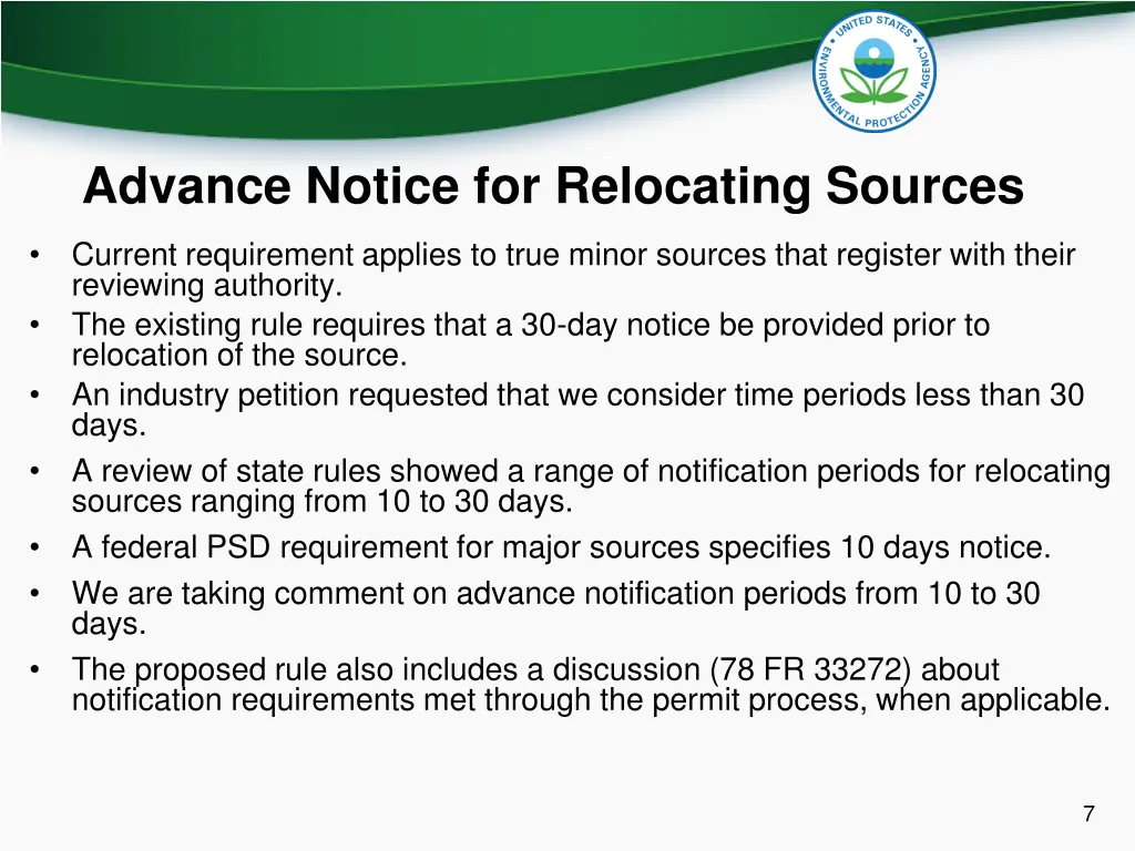 advance notice for relocating sources