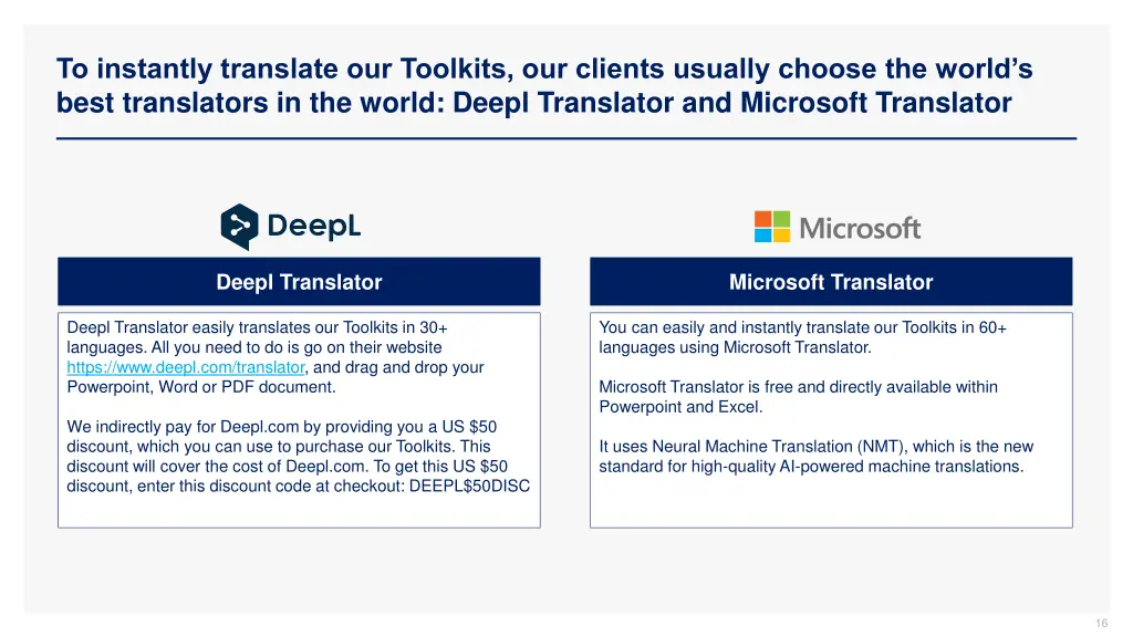 to instantly translate our toolkits our clients