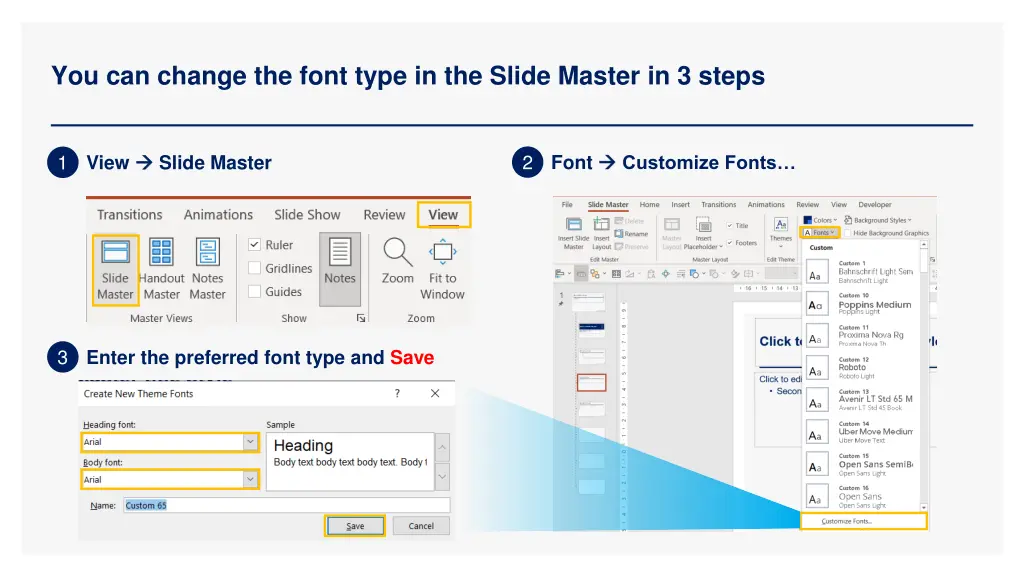 you can change the font type in the slide master