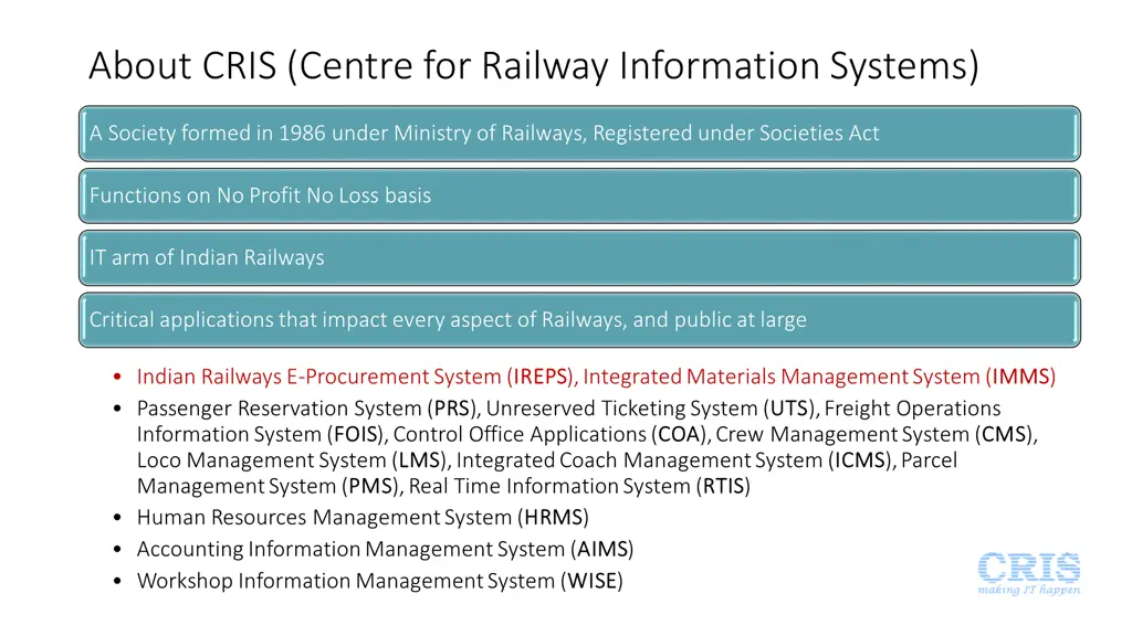 about cris centre for railway information systems