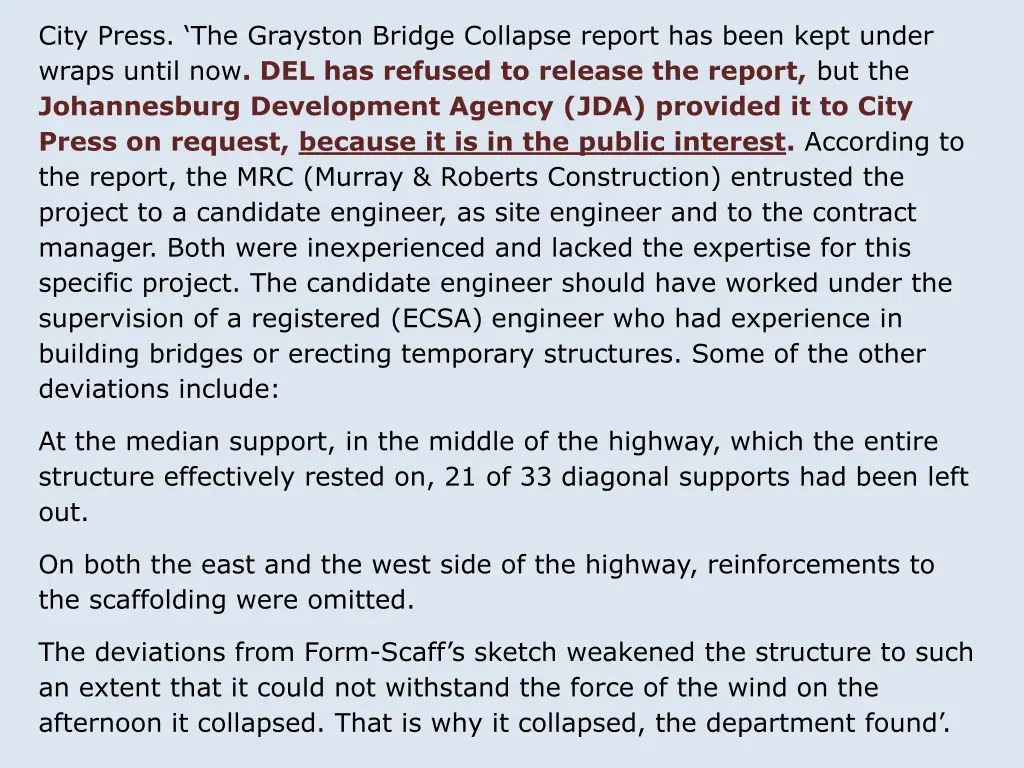 city press the grayston bridge collapse report