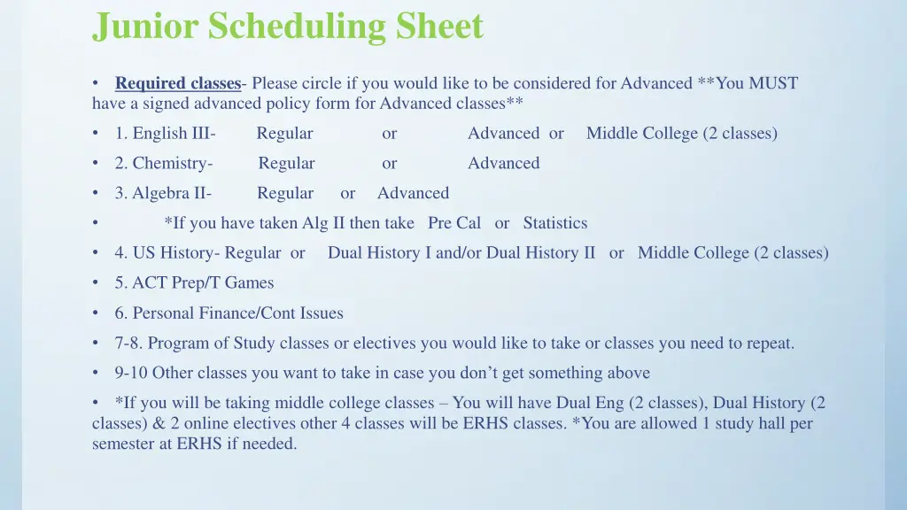 junior scheduling sheet