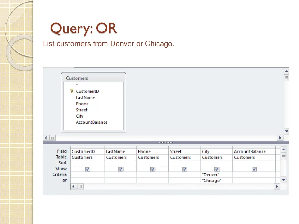 query or list customers from denver or chicago