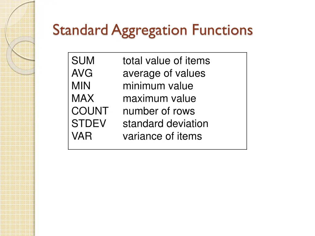 standard aggregation functions