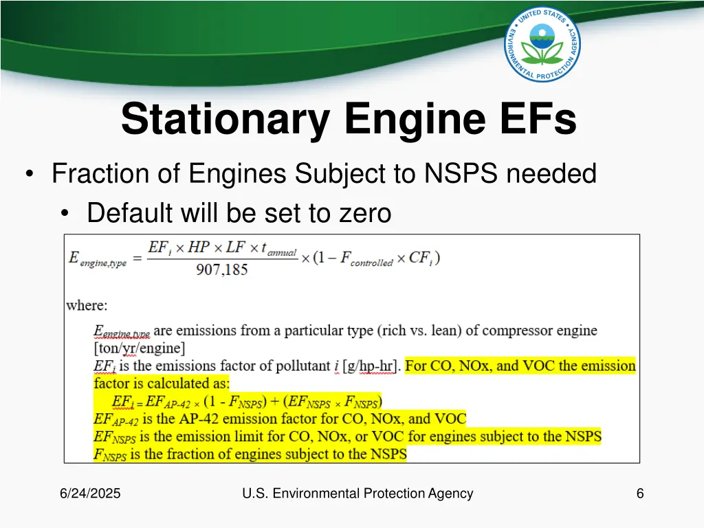 stationary engine efs fraction of engines subject