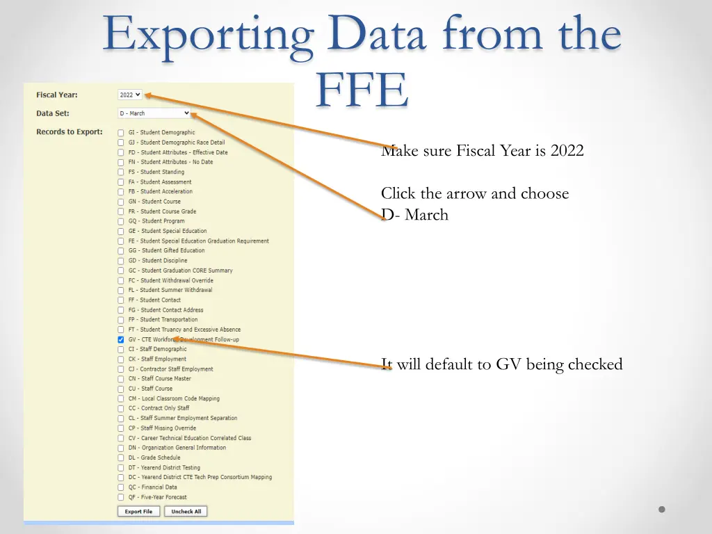 exporting data from the ffe 1