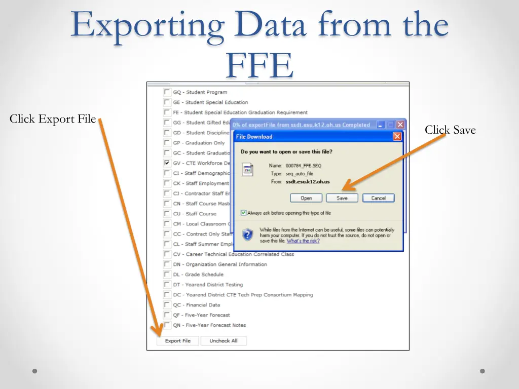 exporting data from the ffe 2