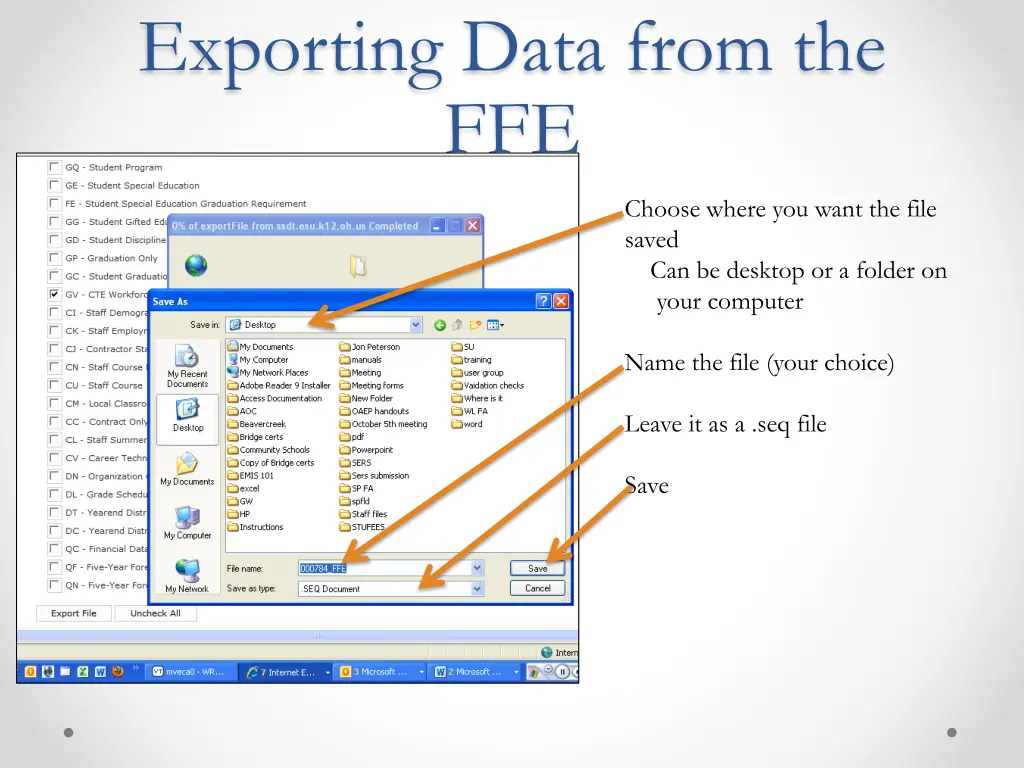 exporting data from the ffe 3