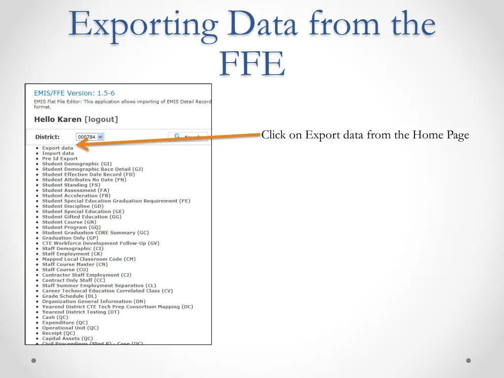 exporting data from the ffe