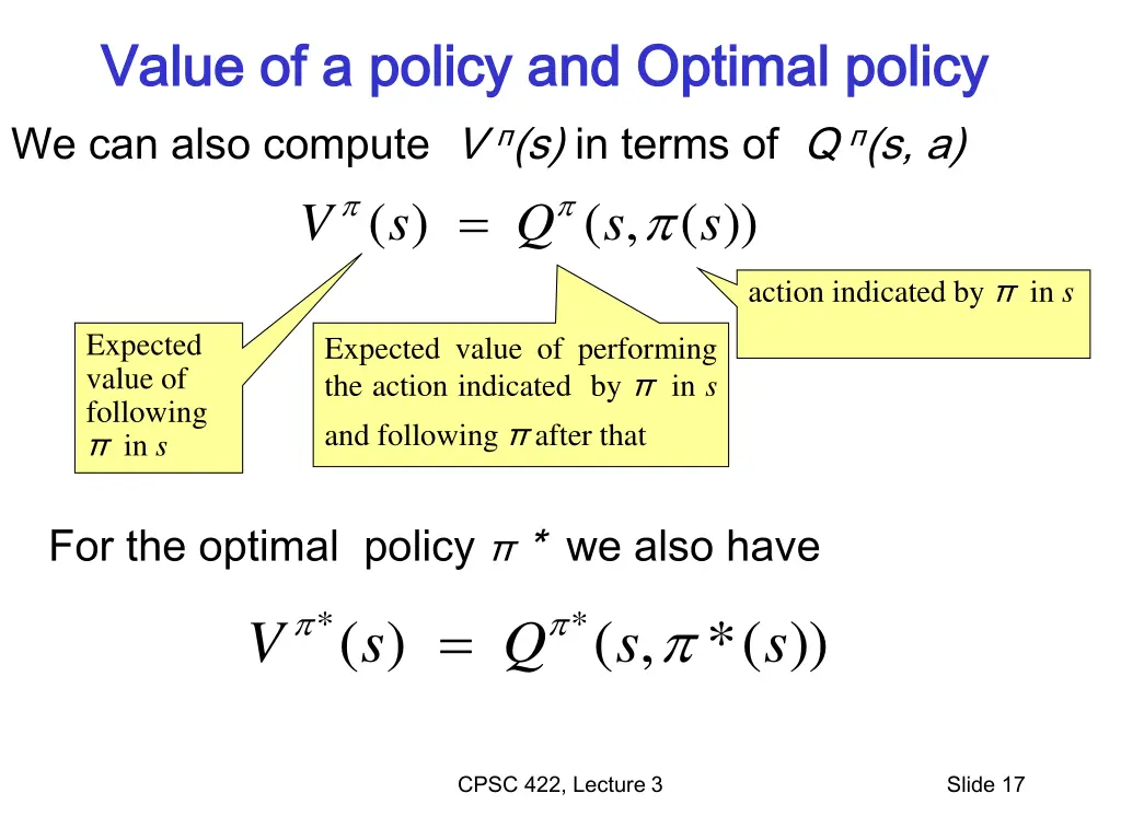 value of a policy and optimal policy value