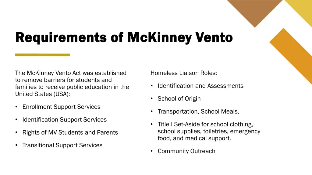 requirements of mckinney vento requirements