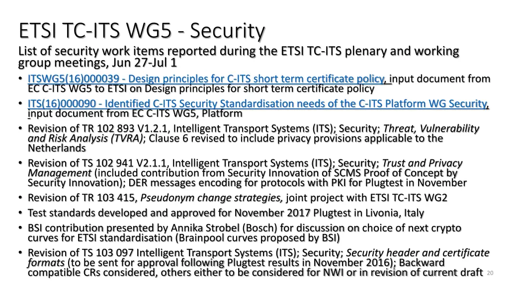 etsi tc its wg5 security list of security work