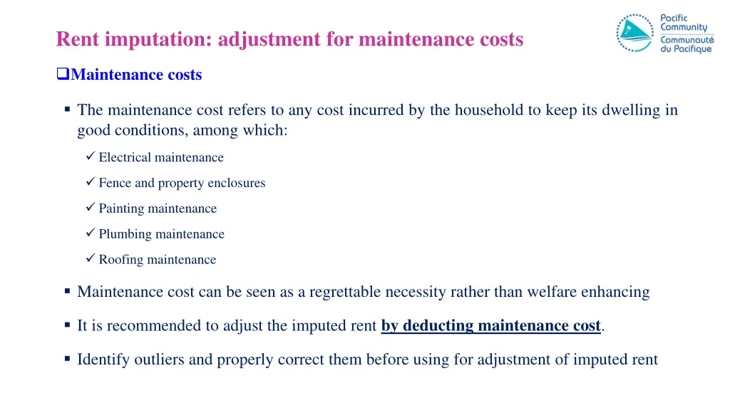 rent imputation adjustment for maintenance costs