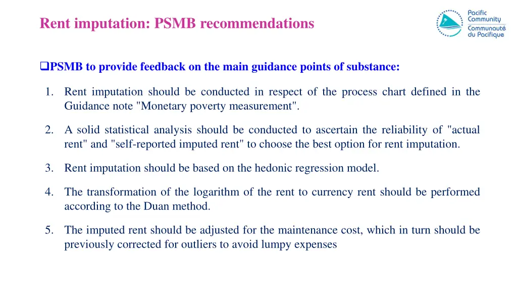 rent imputation psmb recommendations