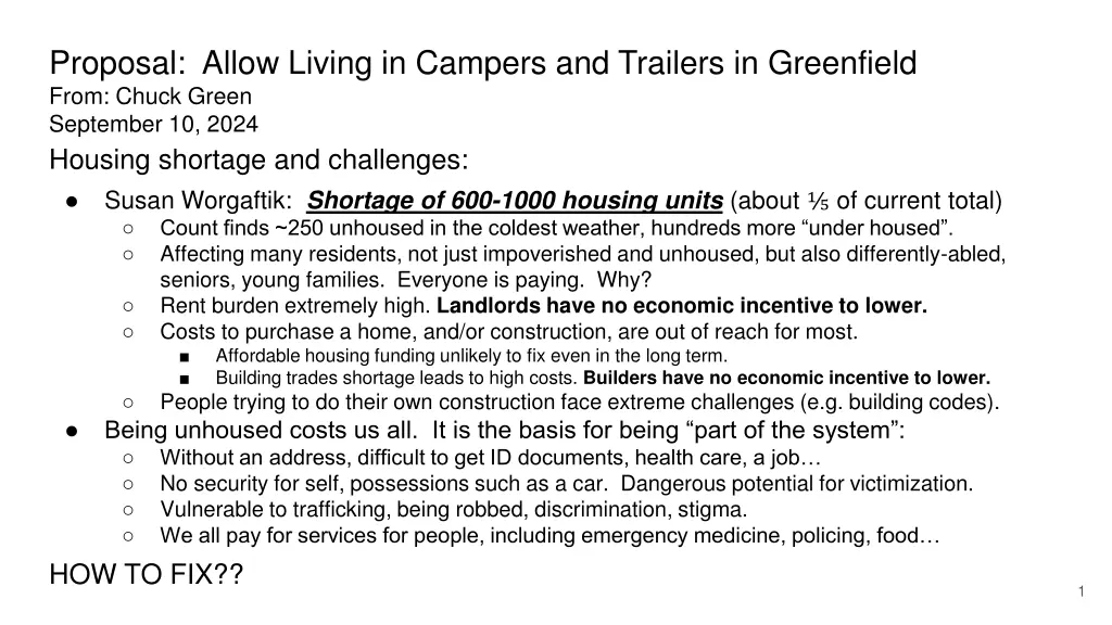 proposal allow living in campers and trailers