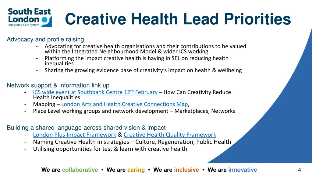 creative health lead priorities