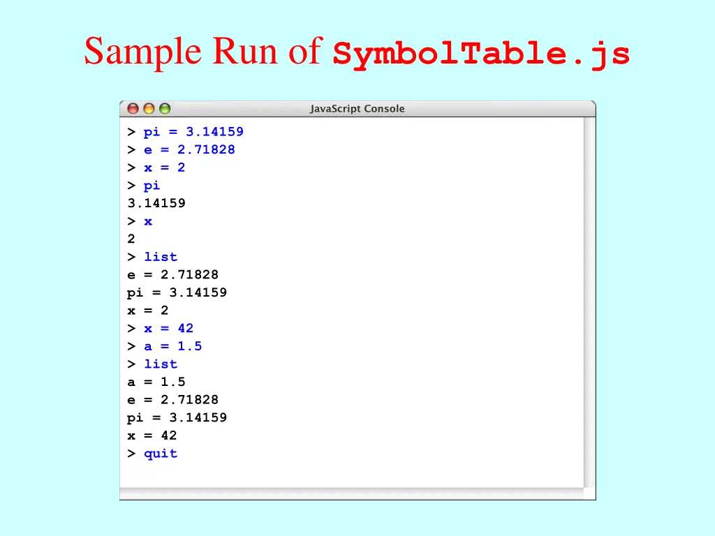 sample run of symboltable js