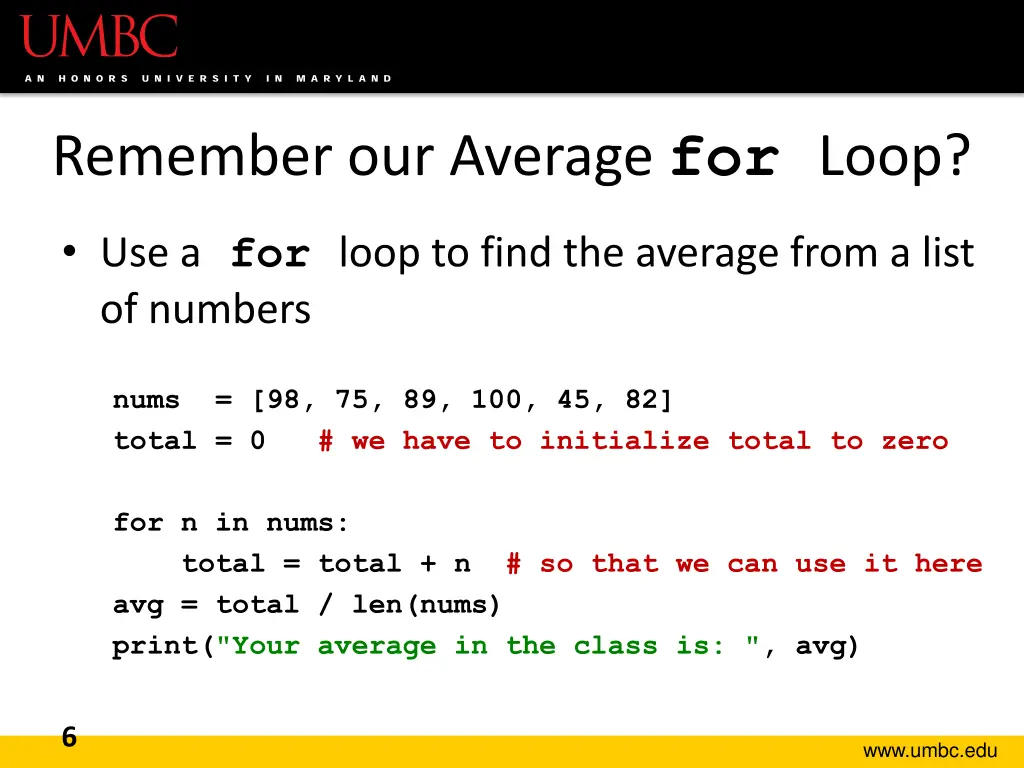 remember our average for loop