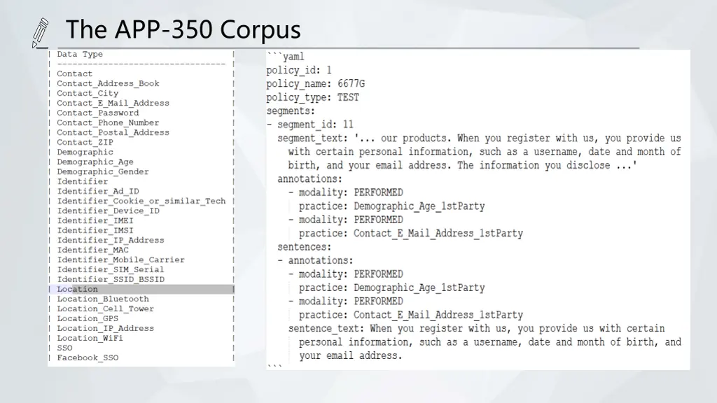 the app 350 corpus