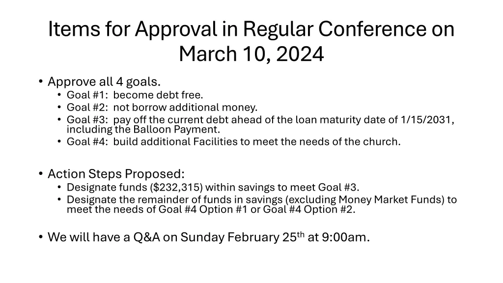items for approval in regular conference on march