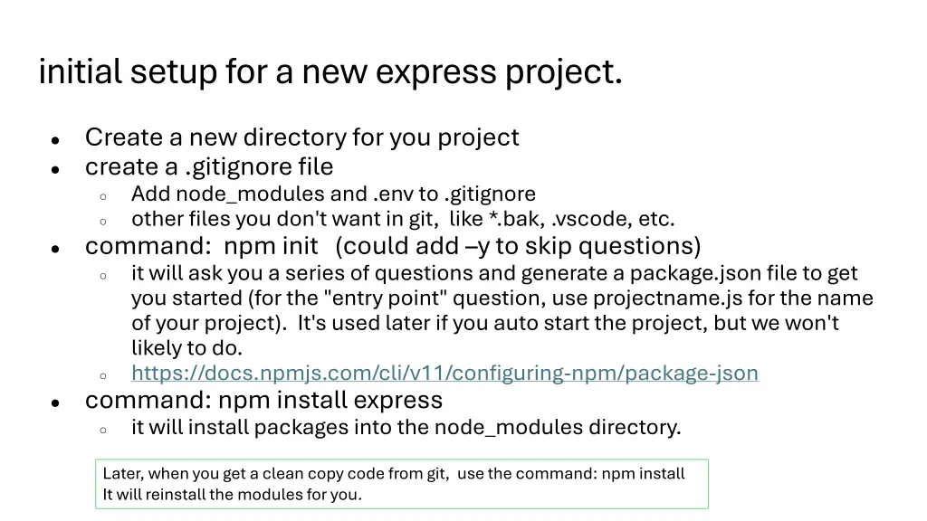 initial setup for a new express project