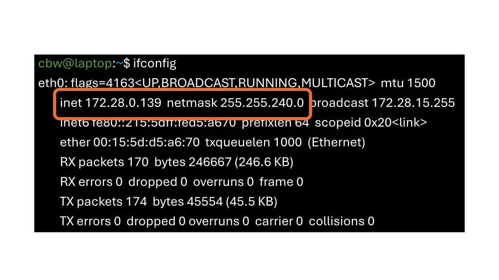 cbw@laptop ifconfig eth0 flags 4163 up broadcast