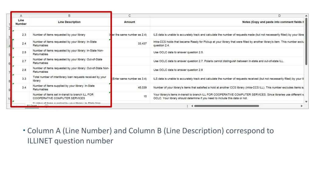 column a line number and column b line