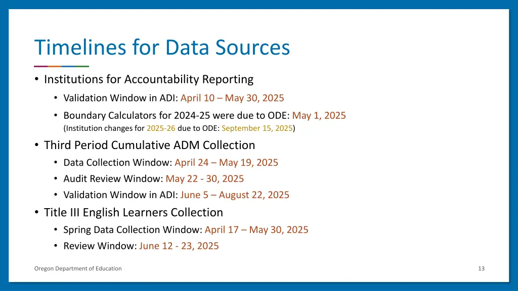 timelines for data sources