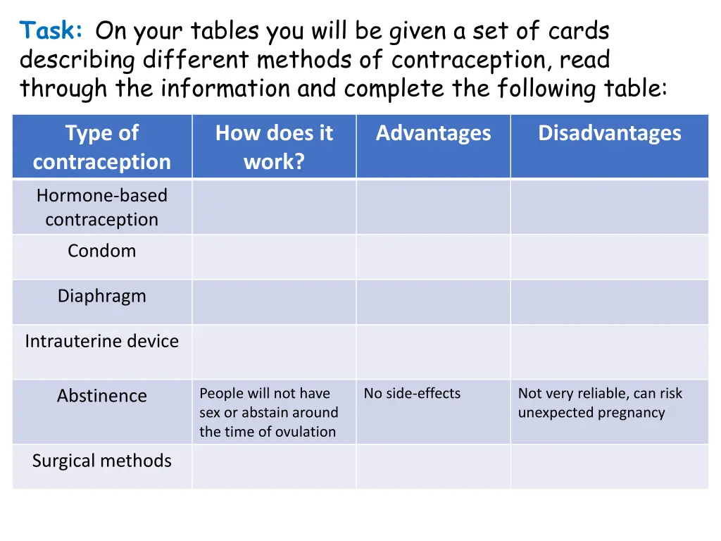 task on your tables you will be given
