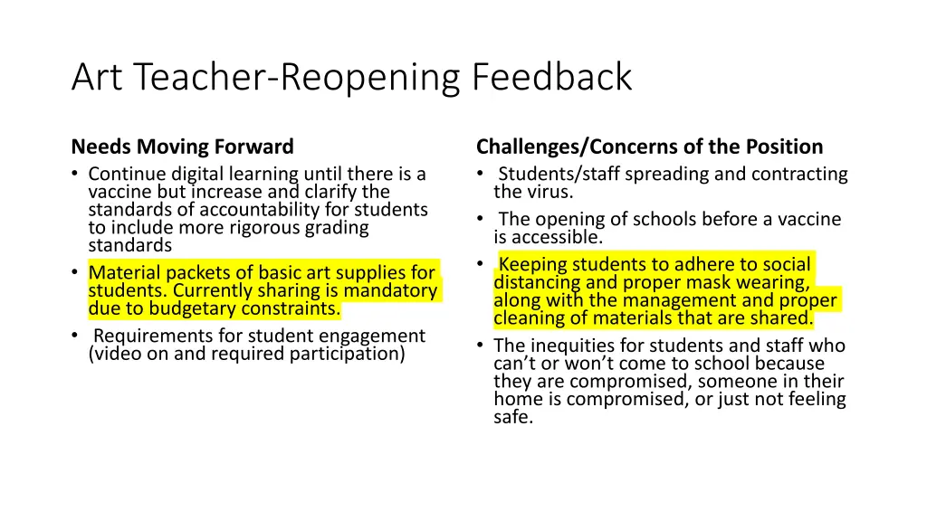 art teacher reopening feedback