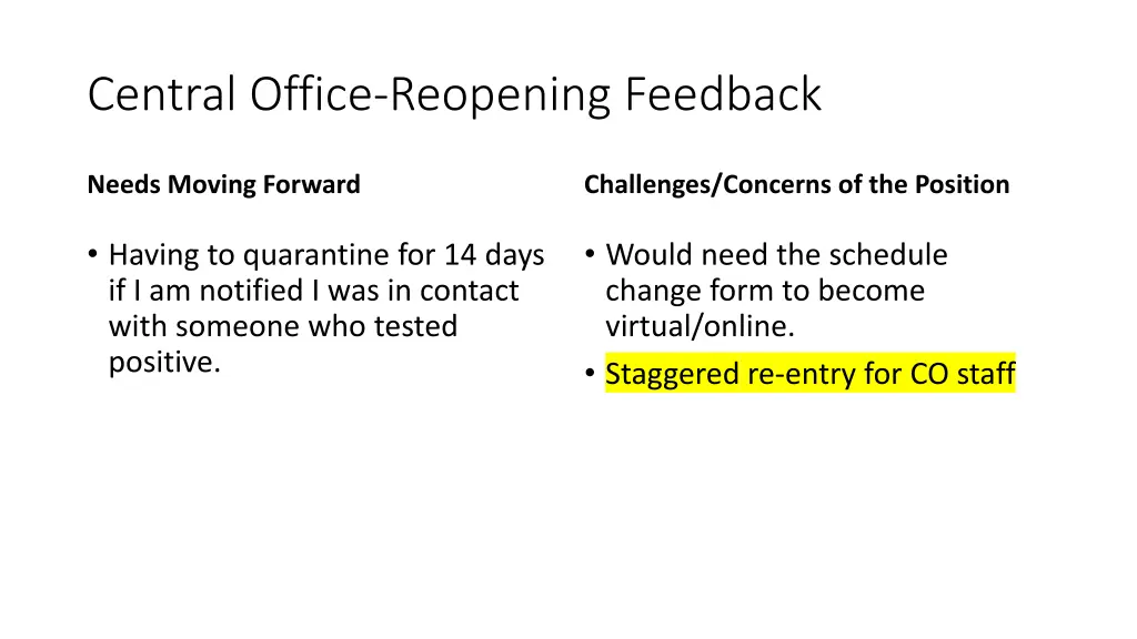 central office reopening feedback