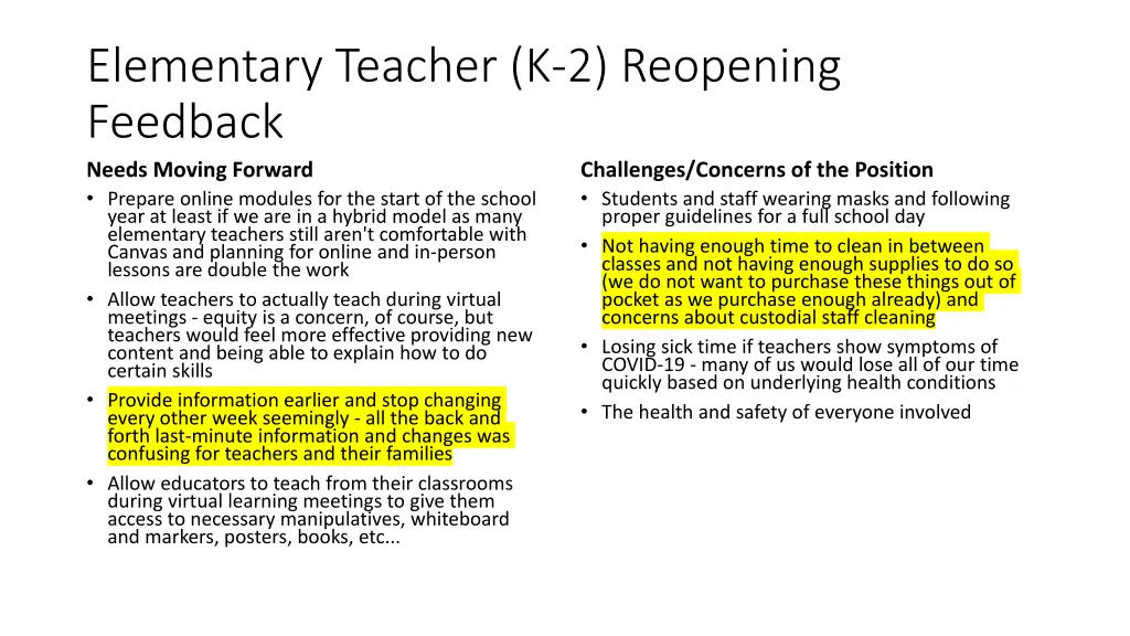 elementary teacher k 2 reopening feedback needs