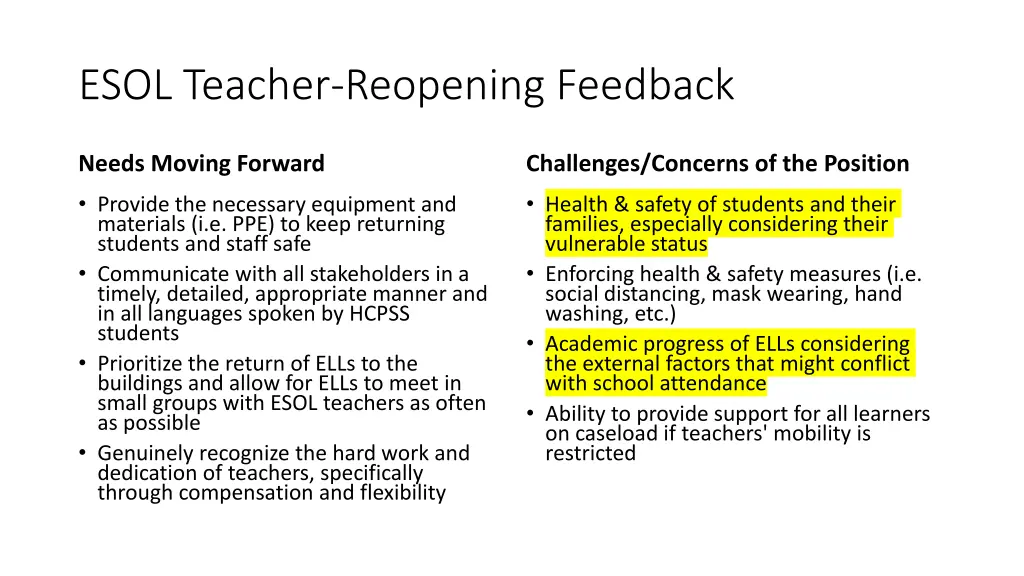 esol teacher reopening feedback